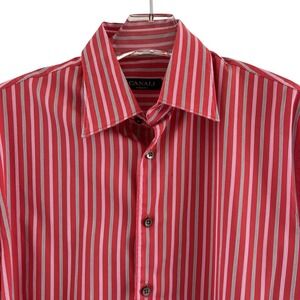 Canali Shirt Mens Medium Red Pink White Striped Long Sleeve Dress Italy Holiday
